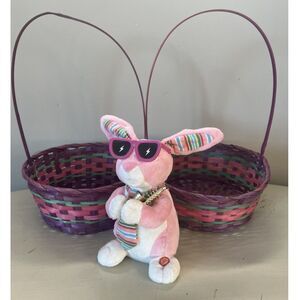 Pink Musical Bunny with Sunglasses Saxophone & 2 Colorful Spring Easter Baskets